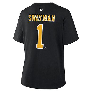 Women's Fanatics Jeremy Swayman Black Boston Bruins Authentic Stack Name & Number T-Shirt