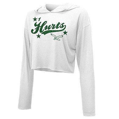Women's Majestic Threads Jalen Hurts White Philadelphia Eagles Glitter Wordmark Hoodie