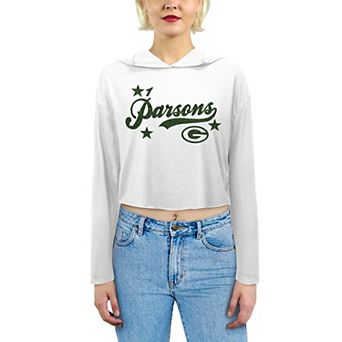 Women's Majestic Threads Micah Parsons White Green Bay Packers Glitter Wordmark Hoodie