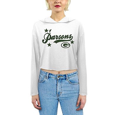 Women's Majestic Threads Micah Parsons White Green Bay Packers Glitter Wordmark Hoodie