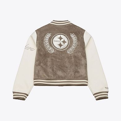 Women's Mitchell & Ness Tan Pittsburgh Steelers Full-Snap Varsity Jacket