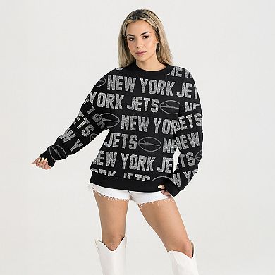 Women's Gameday Couture Black New York Jets Oversized Hype Era Rhinestone Text Sweatshirt