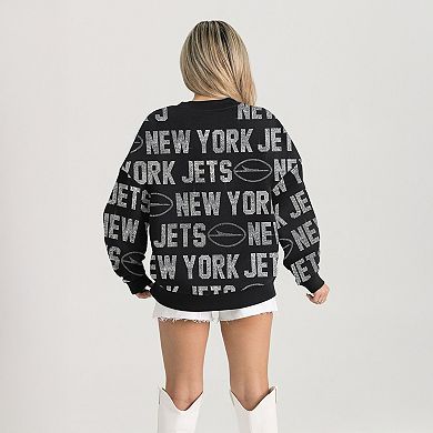 Women's Gameday Couture Black New York Jets Oversized Hype Era Rhinestone Text Sweatshirt