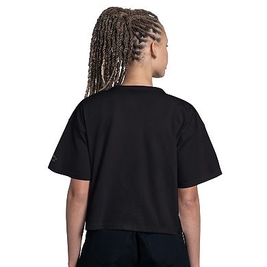 Women's Starter Black Carolina Panthers Rhinestone Sprinkle Boxy Cropped T-Shirt