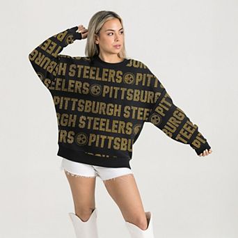 Women's Gameday Couture Black Pittsburgh Steelers Oversized Hype Era Rhinestone Text Sweatshirt