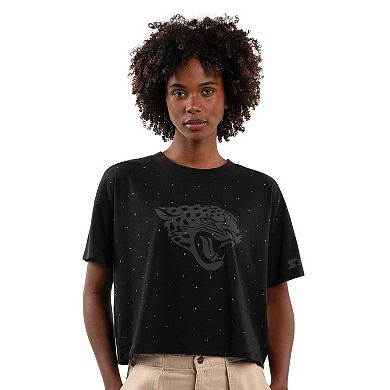 Women's Starter Black Jacksonville Jaguars Rhinestone Sprinkle Boxy Cropped T-Shirt