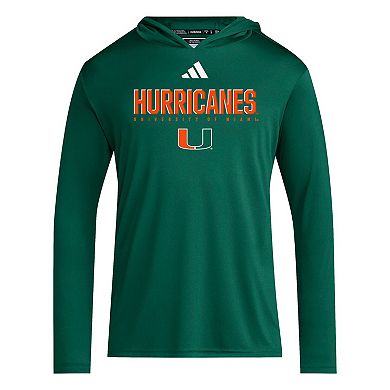 Men's adidas Green Miami Hurricanes 2025 AEROREADY Sideline Training Long Sleeve Hooded T-Shirt