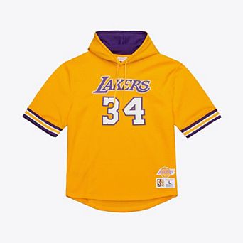 Men's Mitchell & Ness Shaquille O'Neal Gold Los Angeles Lakers Mesh Name & Number Short Sleeve Hoodie