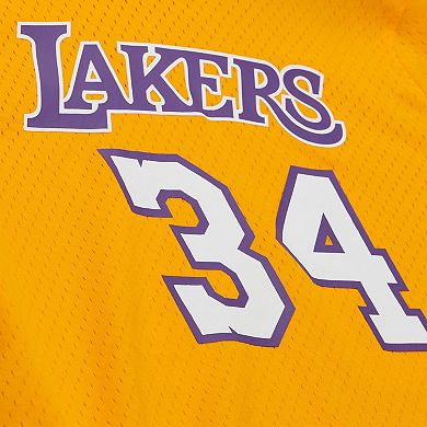 Men's Mitchell & Ness Shaquille O'Neal Gold Los Angeles Lakers Mesh Name & Number Short Sleeve Hoodie