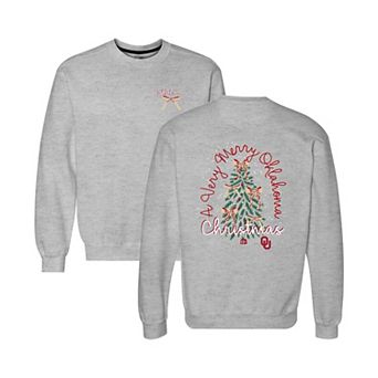 Women's Gray Oklahoma Sooners Classic Merry Christmas Tree Crewneck Sweatshirt