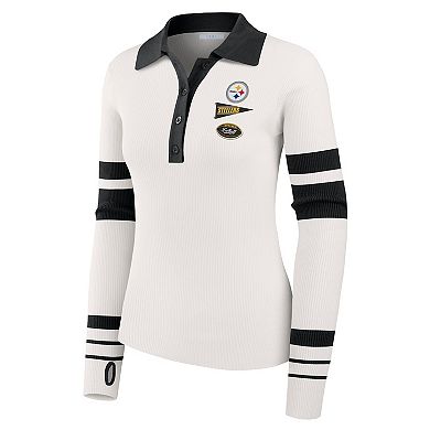Women's WEAR by Erin Andrews White Pittsburgh Steelers Ribbed Henley Polo Sweater