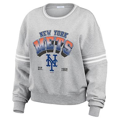 Women's WEAR by Erin Andrews Gray New York Mets Sleeve Stripe Fleece Sweatshirt