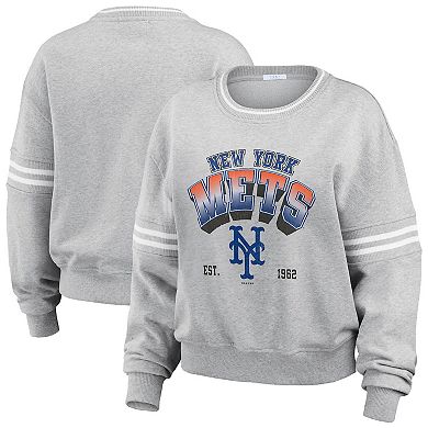 Women's WEAR by Erin Andrews Gray New York Mets Sleeve Stripe Fleece Sweatshirt
