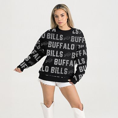 Women's Gameday Couture Black Buffalo Bills Oversized Hype Era Rhinestone Text Sweatshirt