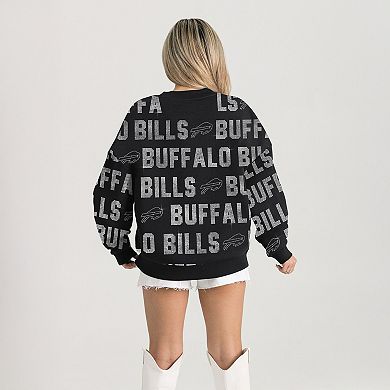 Women's Gameday Couture Black Buffalo Bills Oversized Hype Era Rhinestone Text Sweatshirt
