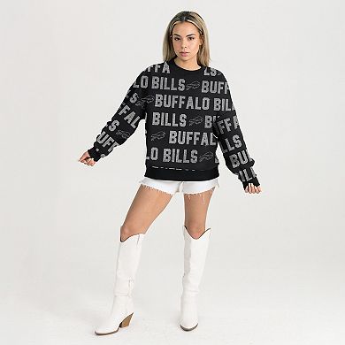 Women's Gameday Couture Black Buffalo Bills Oversized Hype Era Rhinestone Text Sweatshirt