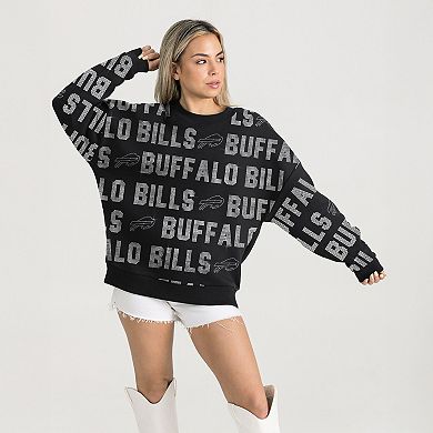Women's Gameday Couture Black Buffalo Bills Oversized Hype Era Rhinestone Text Sweatshirt