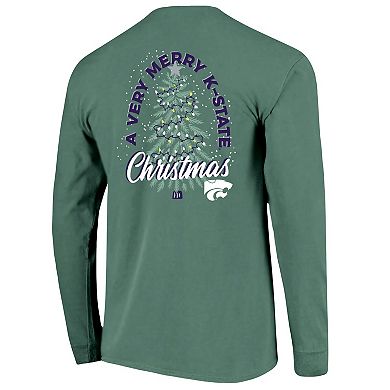 Men's Green Kansas State Wildcats Comfort Colors Merry Christmas Tree Long Sleeve T-Shirt