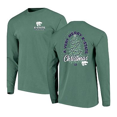 Men's Green Kansas State Wildcats Comfort Colors Merry Christmas Tree Long Sleeve T-Shirt