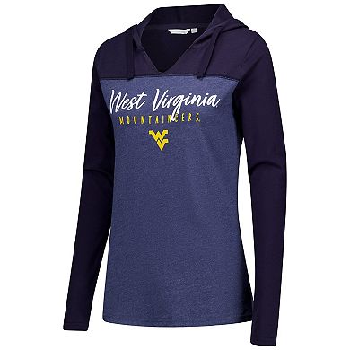 Women's Heather Navy West Virginia Mountaineers Knockout Color Block Hooded V-Neck Long Sleeve T-Shirt