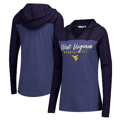 Women's Heather Navy West Virginia Mountaineers Knockout Color Block Hooded V-Neck Long Sleeve T-Shirt