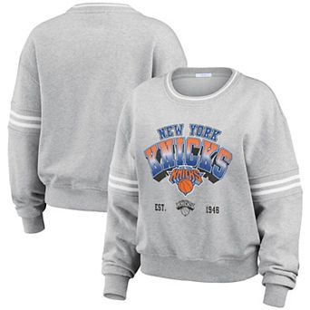 Women's WEAR by Erin Andrews Gray New York Knicks Sleeve Stripe Fleece Crewneck Sweatshirt
