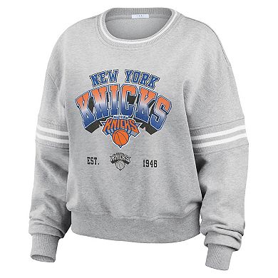 Women's WEAR by Erin Andrews Gray New York Knicks Sleeve Stripe Fleece Crewneck Sweatshirt