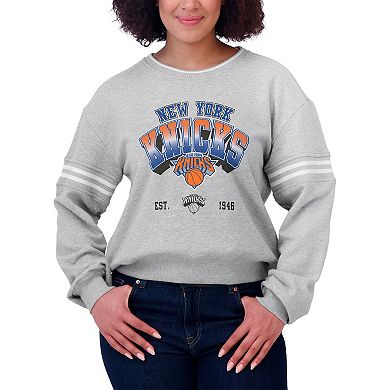 Women's WEAR by Erin Andrews Gray New York Knicks Sleeve Stripe Fleece Crewneck Sweatshirt