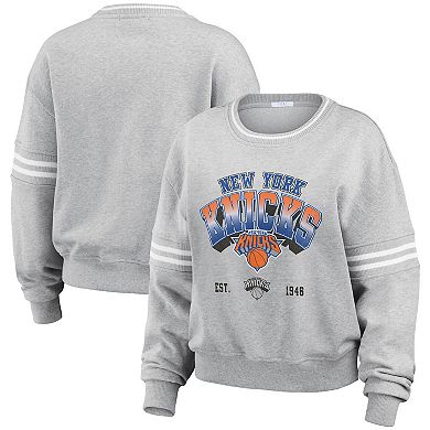 Women's WEAR by Erin Andrews Gray New York Knicks Sleeve Stripe Fleece Crewneck Sweatshirt