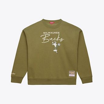 Women's Mitchell & Ness Olive Milwaukee Bucks Lightweight Script Sweatshirt