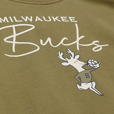 Women's Mitchell & Ness Olive Milwaukee Bucks Lightweight Script Sweatshirt