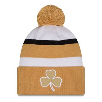 Men's New Era White/Gold Boston Celtics 2025/26 City Edition Cuffed Knit Hat with Pom