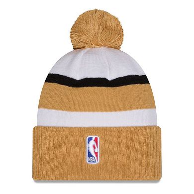 Men's New Era White/Gold Boston Celtics 2025/26 City Edition Cuffed Knit Hat with Pom