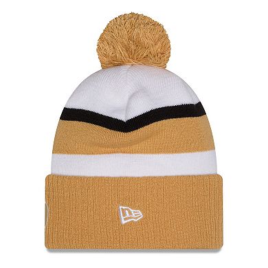 Men's New Era White/Gold Boston Celtics 2025/26 City Edition Cuffed Knit Hat with Pom