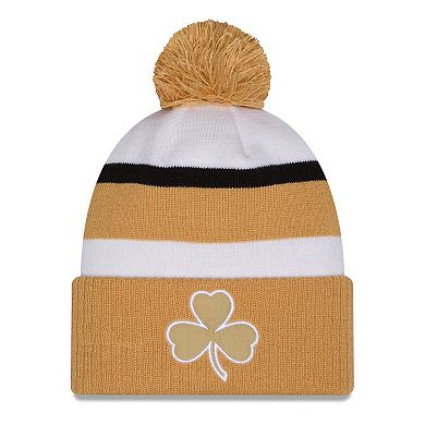 Men's New Era White/Gold Boston Celtics 2025/26 City Edition Cuffed Knit Hat with Pom