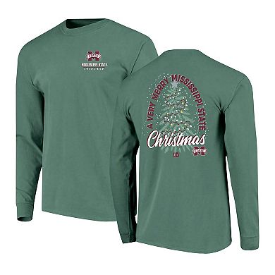 Men's Green Mississippi State Bulldogs Comfort Colors Merry Christmas Tree Long Sleeve T-Shirt