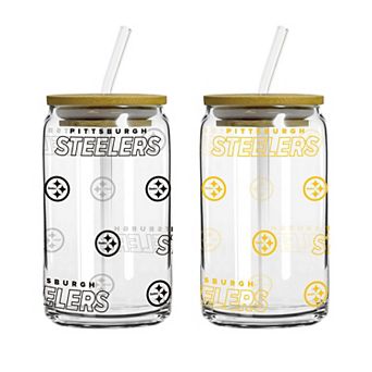 Logo Brands Pittsburgh Steelers 16oz. Step And Repeat Glass Can with Lid & Straw 2-Pack