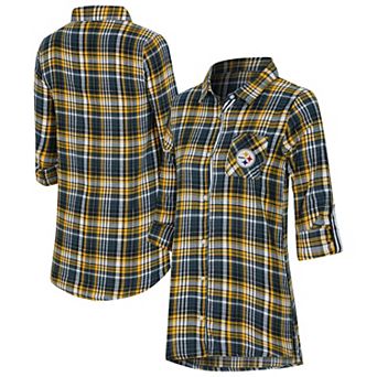Women's Concepts Sport Black Pittsburgh Steelers Laney Plaid Tri-Blend Full-Button Nightshirt