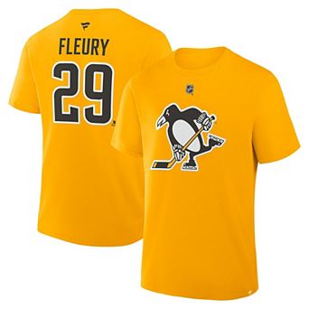 Men's Fanatics Marc-Andre Fleury Gold Pittsburgh Penguins Authentic Stack Name & Number T-Shirt