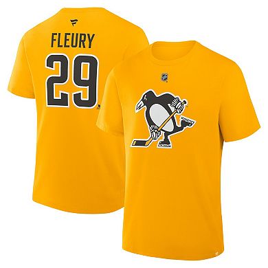 Men's Fanatics Marc-Andre Fleury Gold Pittsburgh Penguins Authentic Stack Name & Number T-Shirt
