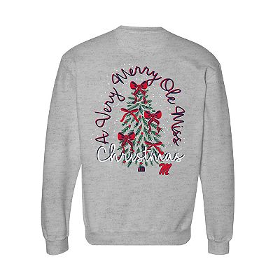 Women's Gray Ole Miss Rebels Classic Merry Christmas Tree Crewneck Sweatshirt
