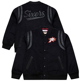 Men's Mitchell & Ness Black Philadelphia 76ers Hardwood Classics Nights Walk the Tunnel Full-Snap Varsity Jacket