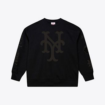 Men's Mitchell & Ness Black New York Mets Phantom Fleece Crewneck Sweatshirt