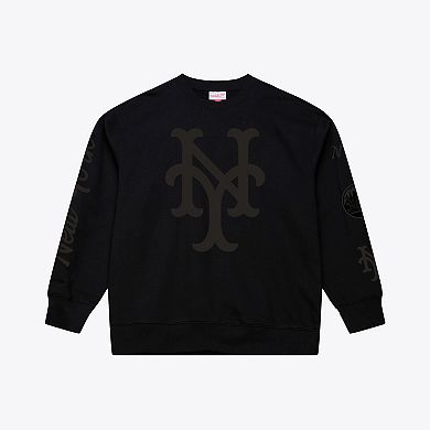 Men's Mitchell & Ness Black New York Mets Phantom Fleece Crewneck Sweatshirt