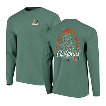Men's Green Miami Hurricanes Comfort Colors Merry Christmas Tree Long Sleeve T-Shirt