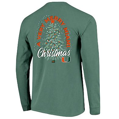Men's Green Miami Hurricanes Comfort Colors Merry Christmas Tree Long Sleeve T-Shirt