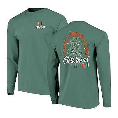 Men's Green Miami Hurricanes Comfort Colors Merry Christmas Tree Long Sleeve T-Shirt