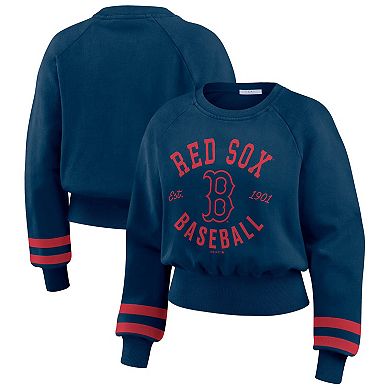 Women's WEAR by Erin Andrews Navy Boston Red Sox Vintage Washed Cropped Pullover Sweatshirt