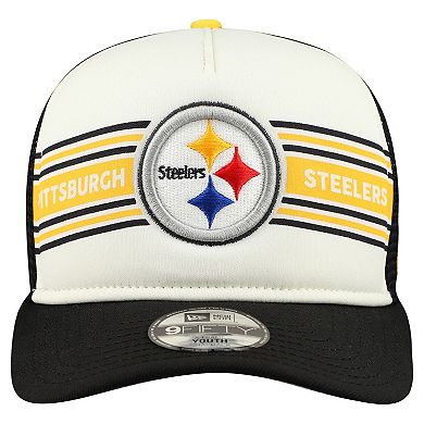 Youth New Era Cream/Black Pittsburgh Steelers Banner 9FIFTY A-Frame Adjustable Trucker Hat
