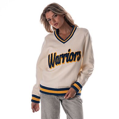 Women's The Wild Collective Cream Golden State Warriors Jacquard V-Neck Sweater